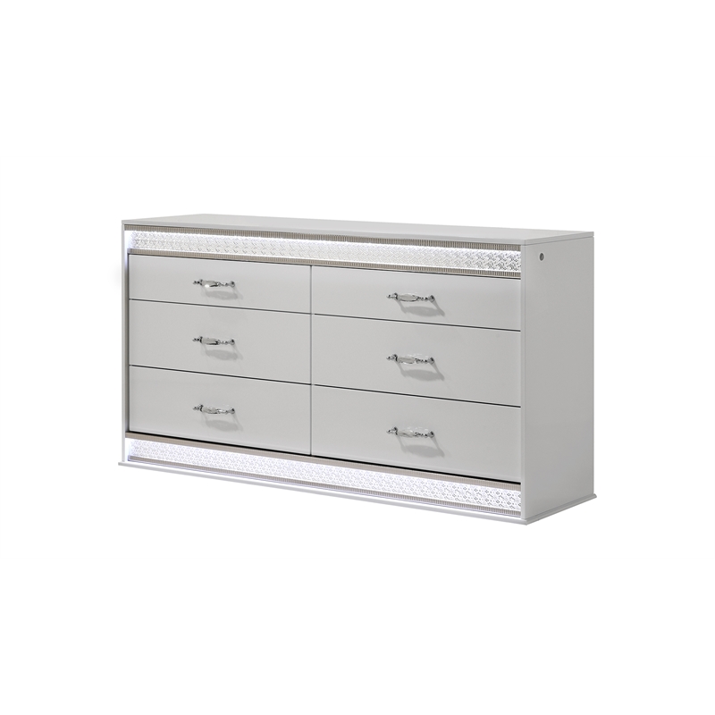Glam Modern Style 6-Drawer Dresser Made With Wood & inbuilt LED in White color