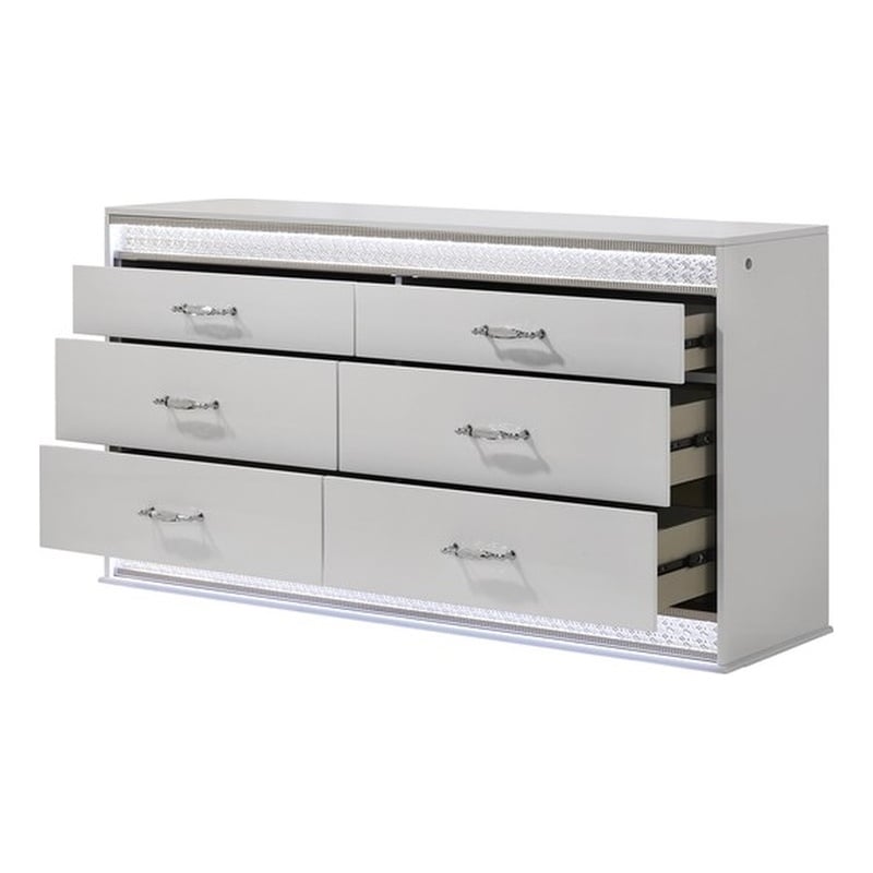 Glam Modern Style 6-Drawer Dresser Made With Wood & inbuilt LED in White color