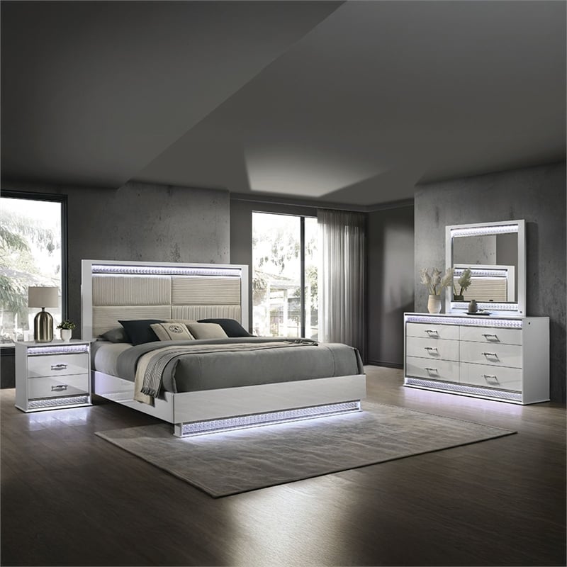 Glam Modern Upholstered LED King 4PC Bedroom Set Made With Wood in White