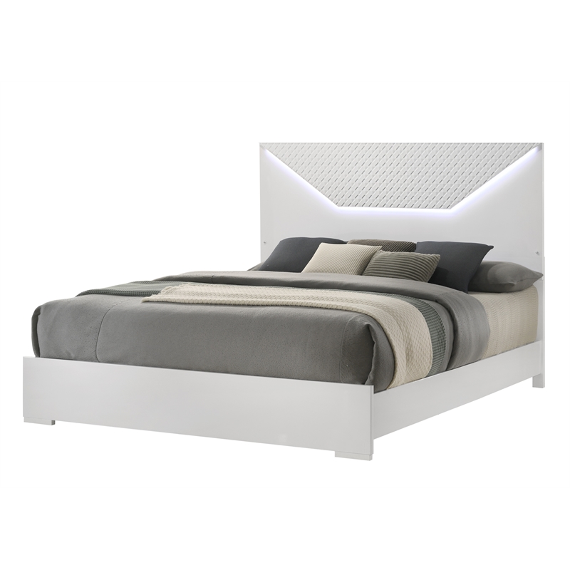 Blanca Modern Style Queen Bed Made With LED  Headboard & Wood in White Color