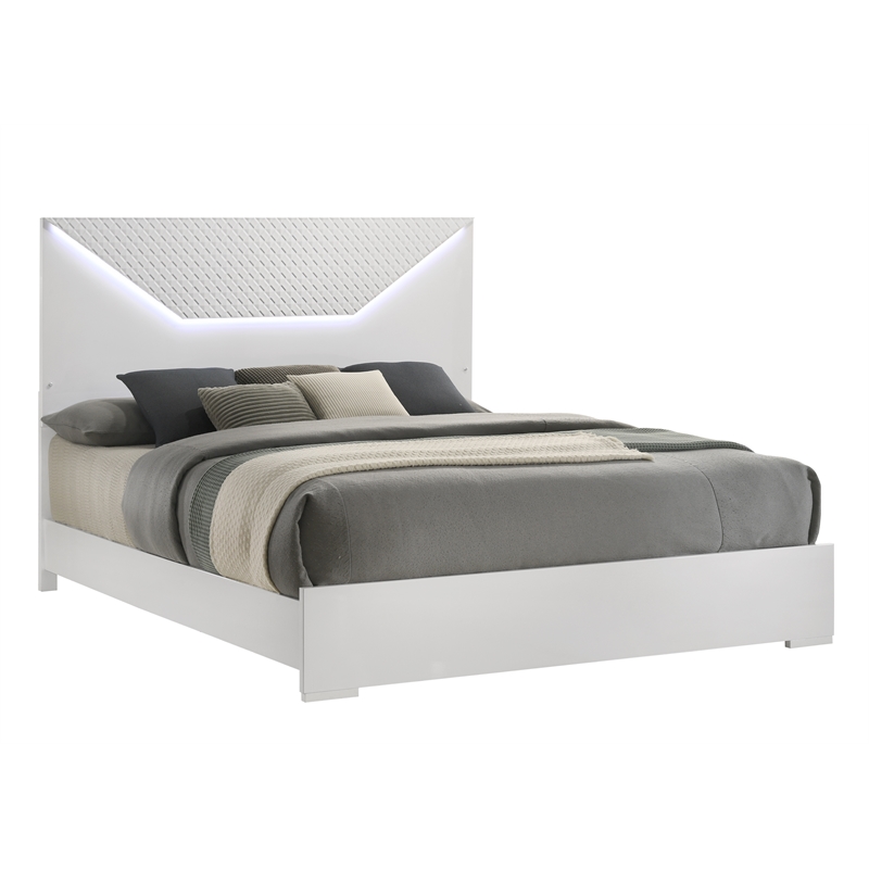 Blanca Modern Style LED King Bed Made With Wood in White