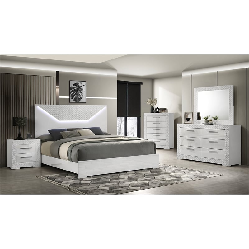 Blanca Modern Style LED Queen 5PC Bedroom Set Made With Wood in White