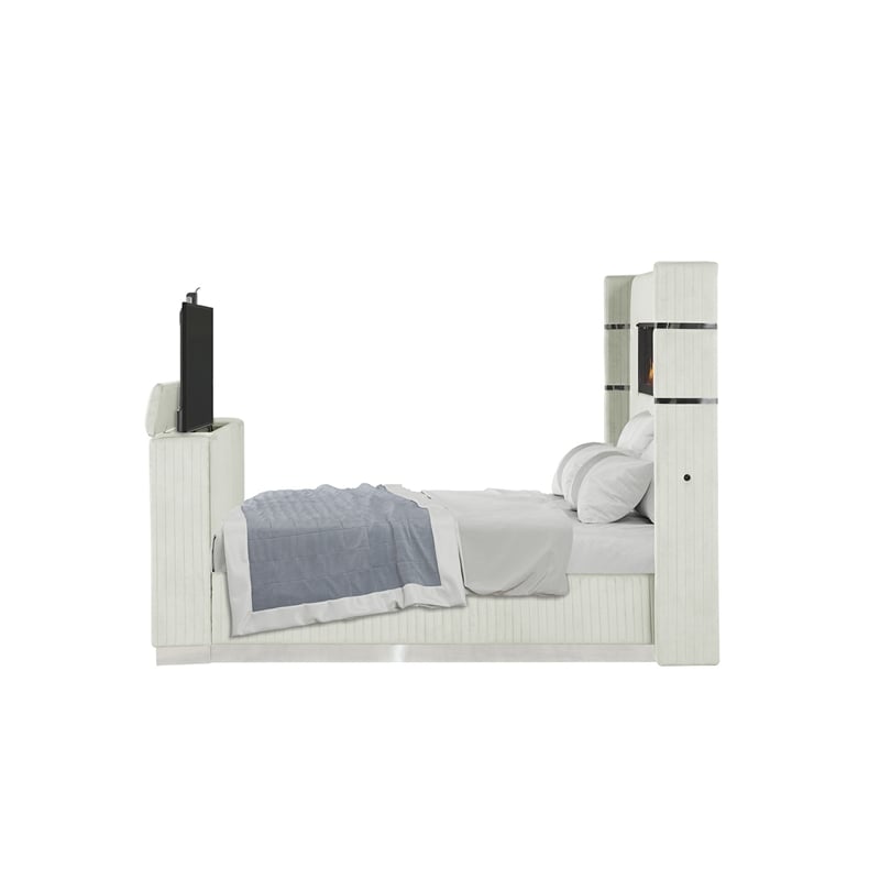 Lavish Modern Style Queen Bed with Fireplace and TV Stand made with Wood- Beige