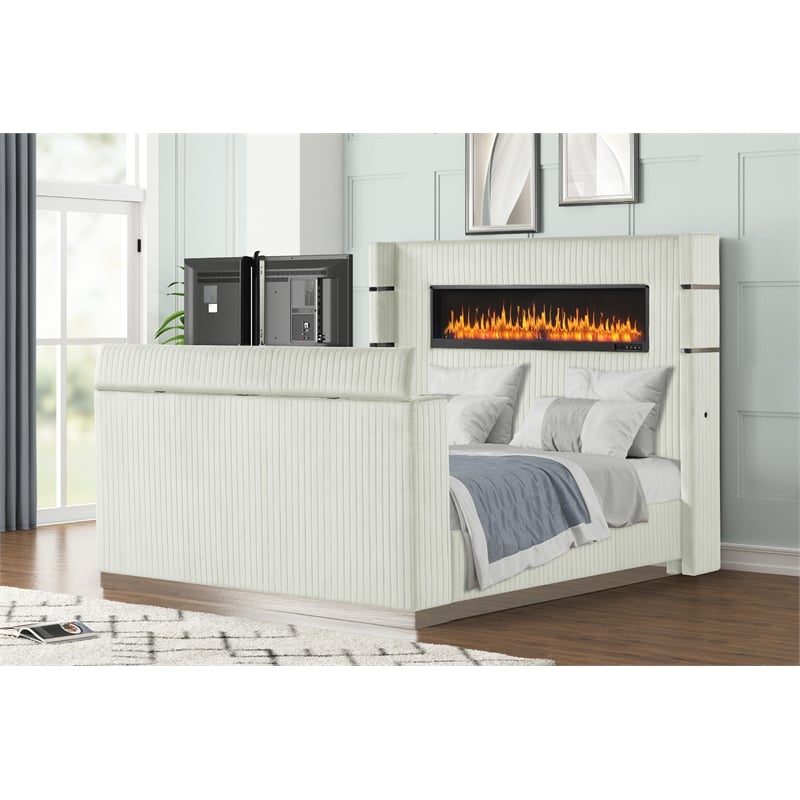 Lavish Modern Style Queen Bed with Fireplace and TV Stand made with Wood- Beige