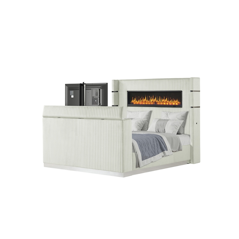 Lavish Modern Style King Bed with Fireplace and TV Stand made with Wood- Beige