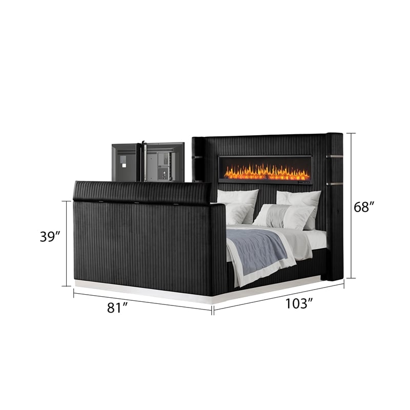 Lavish Modern Style King Bed with Fireplace and TV Stand made with Wood- Black