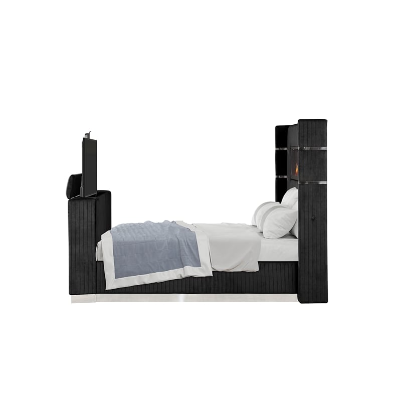 Lavish Modern Style King Bed with Fireplace and TV Stand made with Wood- Black