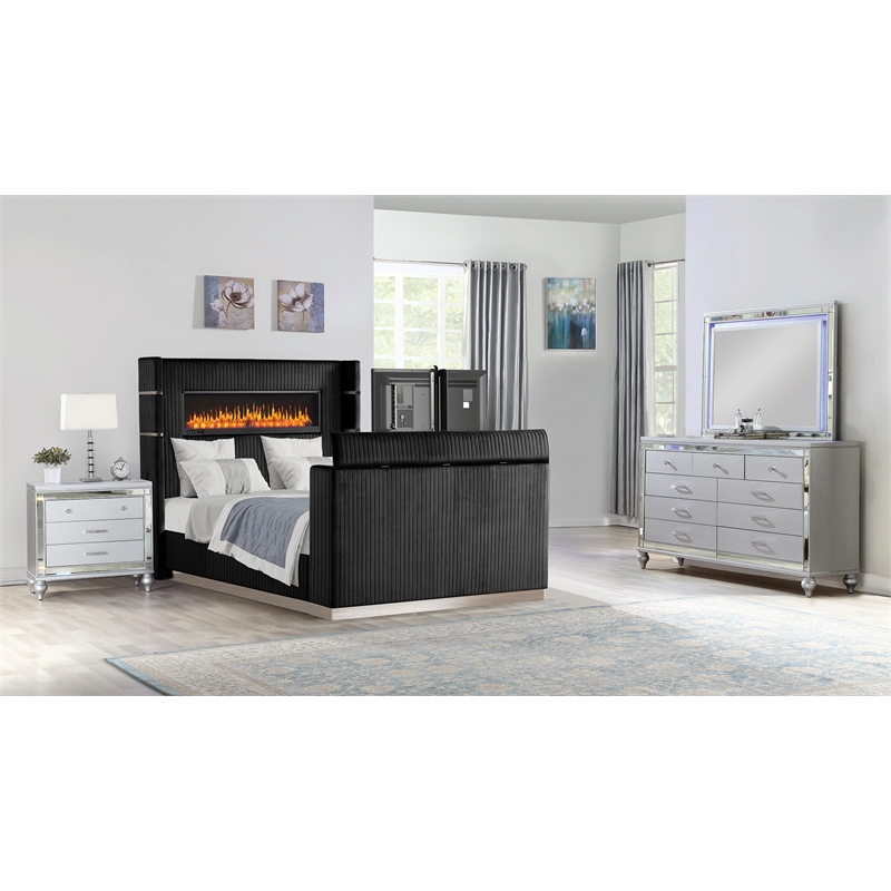 Lavish Modern Style 4 Pc Queen Bedroom Set Made with Wood in Black