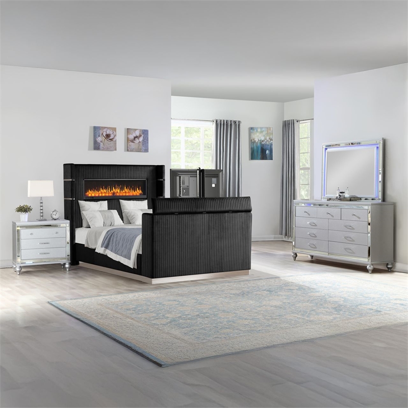 Lavish Modern Style 4 Pc King Bedroom Set Made with Wood in Black