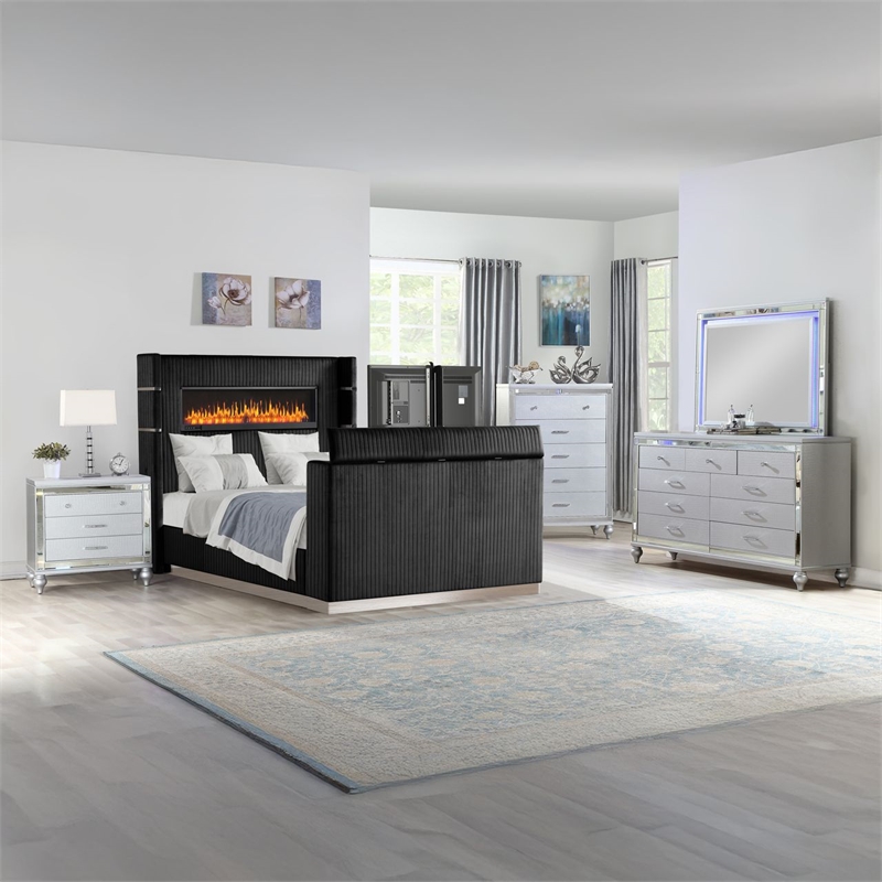 Lavish Modern Style 5 Pc King Bedroom Set Made with Wood in Black