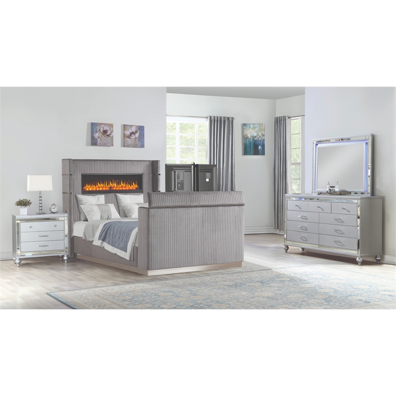 Lavish Modern Style 4 Pc King Bedroom Set Made with Wood in Gray