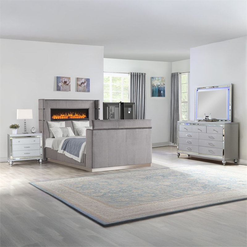 Lavish Modern Style 4 Pc King Bedroom Set Made with Wood in Gray