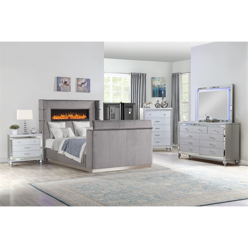 Lavish Modern Style 5 Pc King Bedroom Set Made with Wood in Gray