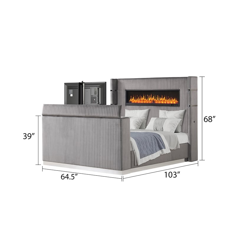 Lavish Modern Style Queen Bed with Fireplace and TV Stand made with Wood in Gray