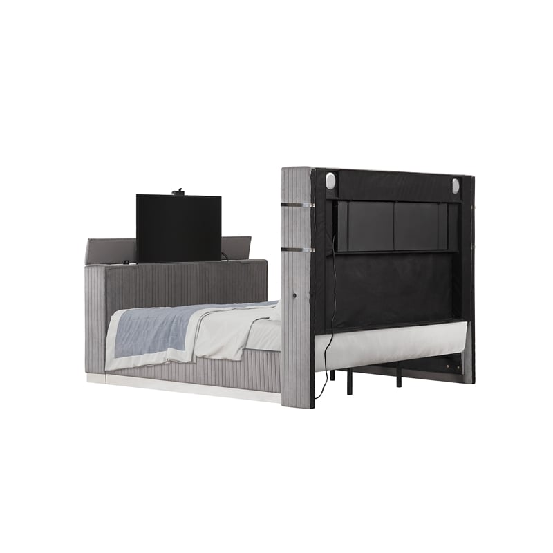 Lavish Modern Style Queen Bed with Fireplace and TV Stand made with Wood in Gray