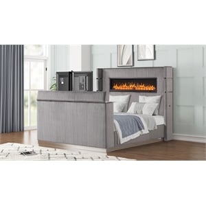 Lavish Modern Style King Bed with Fireplace and TV Stand made with Wood in Gray