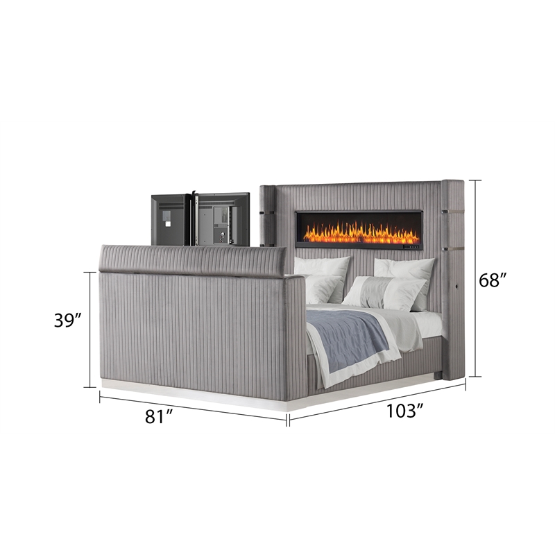 Lavish Modern Style King Bed with Fireplace and TV Stand made with Wood in Gray