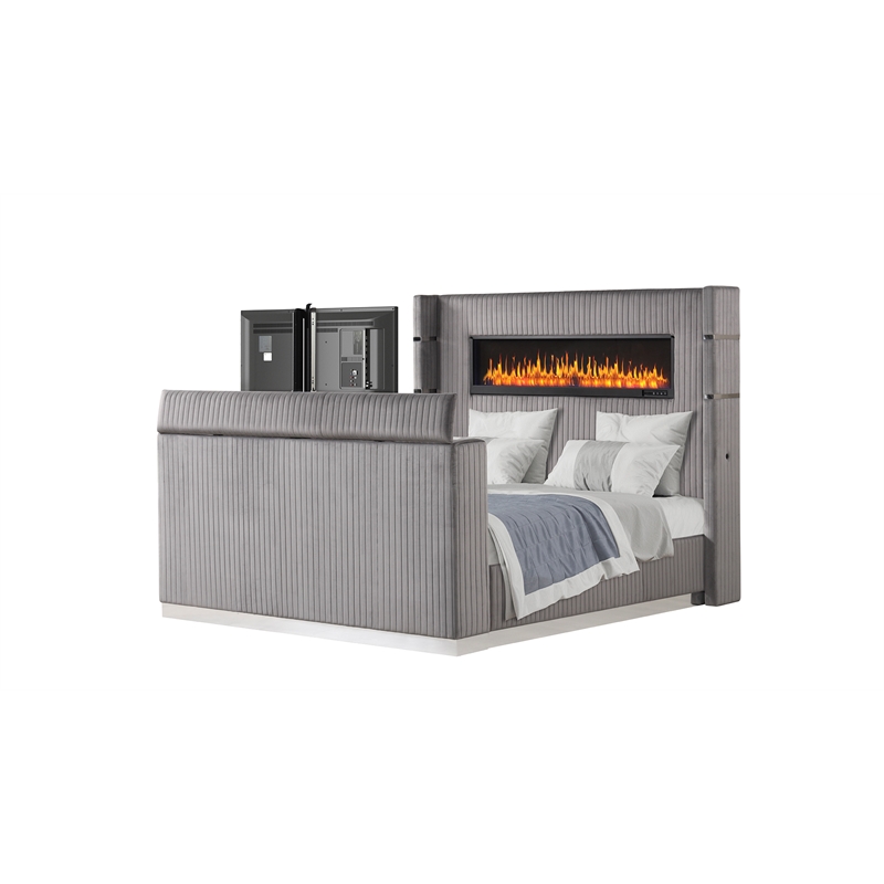 Lavish Modern Style King Bed with Fireplace and TV Stand made with Wood in Gray