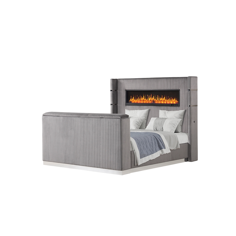 Lavish Modern Style King Bed with Fireplace and TV Stand made with Wood in Gray