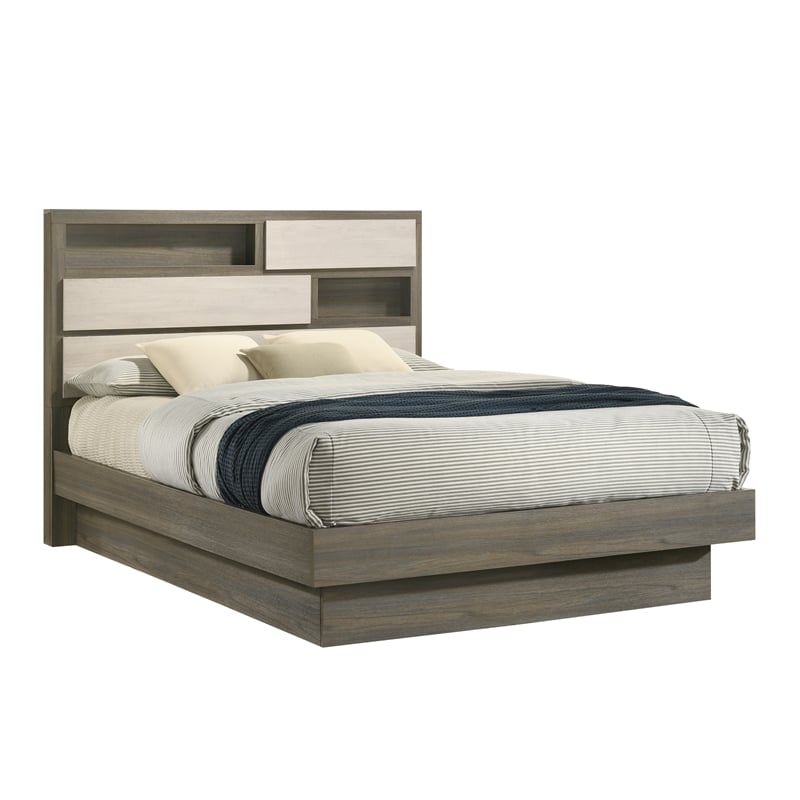 Gem Modern Style two tone Queen Bed Made with wood in light Beige & Brown