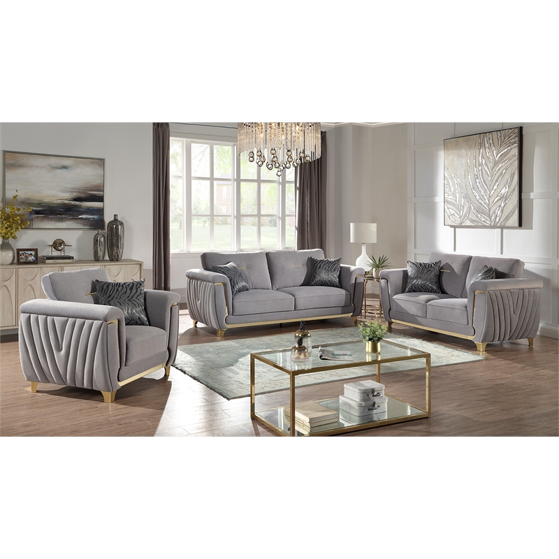 Leena Contemporary Style 3PC Livingroom Set Made with Wood in Gold accent & Gray