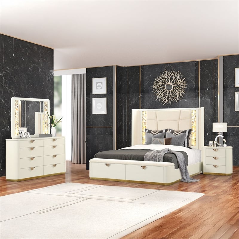 La Pierre Contemporary Style King 4PC Bedroom Set made with Wood in Beige