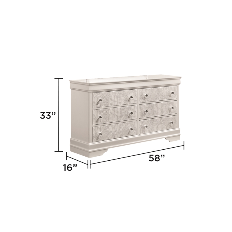 Blaze Modern 6-Drawer Dresser made with Wood and silver metal Knobs in White