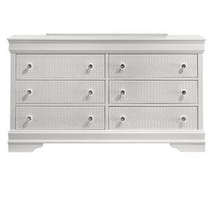blaze modern 6-drawer dresser made with wood and silver metal knobs in white