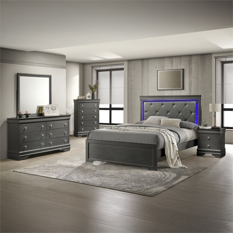 Blaze Modern Style Full 5PC bedroom set made with Wood & LED Headboard in Gray
