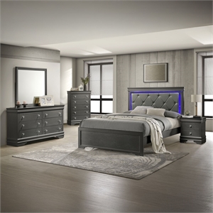 Blaze Modern Style Full 5PC bedroom set made with Wood & LED Headboard in Gray