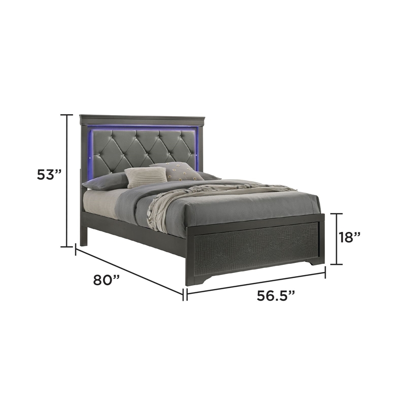 Blaze Modern Style Full 5PC bedroom set made with Wood & LED Headboard in Gray