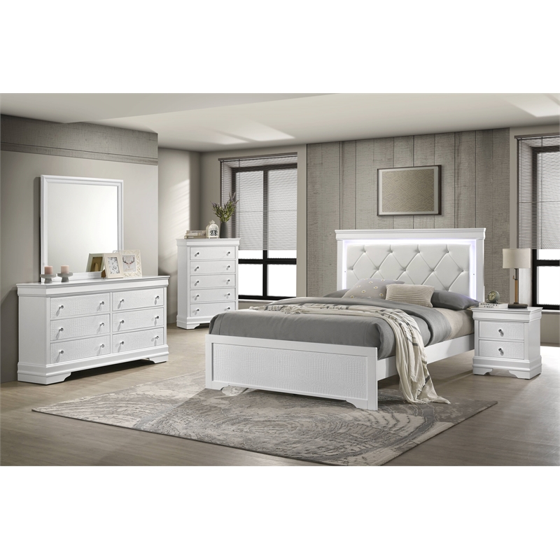 Blaze Modern Style Queen 5PC bedroom set made with Wood & LED Headboard in White