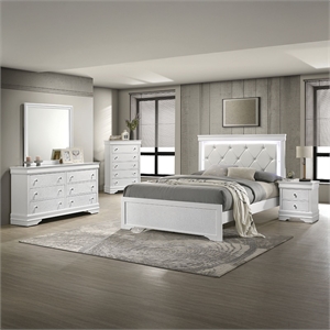 Blaze Modern Style Queen 4PC bedroom set made with Wood & LED Headboard in White