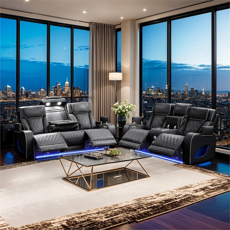 Fortuner Modern 2PC Livingroom Set Made with Faux Leather & Wood in Black