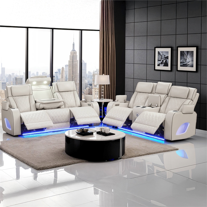 Fortuner Modern 2PC Livingroom Set Made with faux leather & Wood in Beige