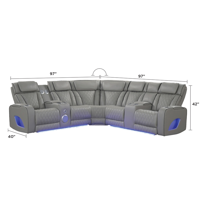 Fortuner Modern recliner sectional made with wood & faux leather in Gray