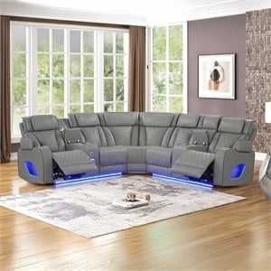 Fortuner Modern recliner sectional made with wood & faux leather in Gray