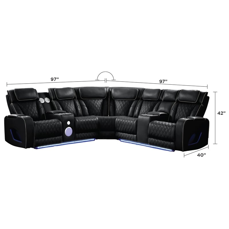 Fortuner Modern recliner sectional made with wood & faux leather in Black