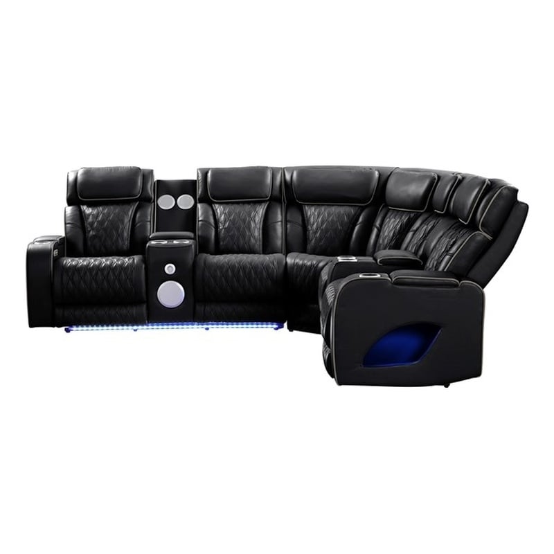 Fortuner Modern recliner sectional made with wood & faux leather in Black