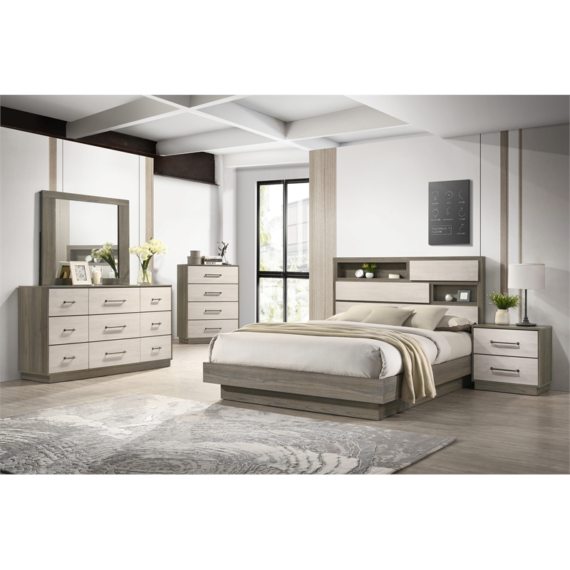 Gem Modern Style Full 5PC Bedroom Set Made with wood in light Beige & Brown
