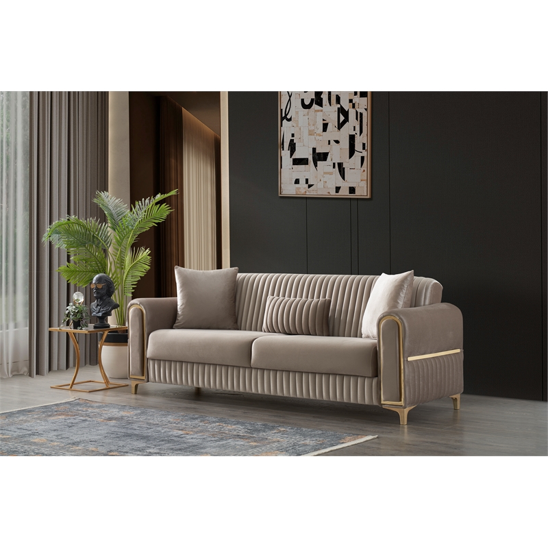 Melody Contemporary Sofa made with wood and Velvet in Taupe