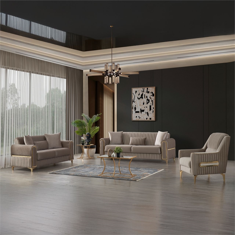 Melody Contemporary 3pc(Sofa Loveseat Chair) made with wood in Taupe