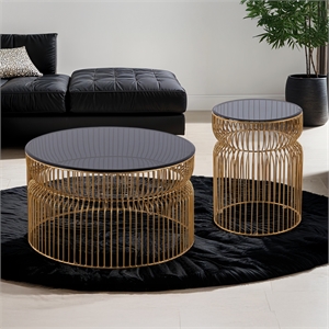 t901 coffee and end table set made with metal and tempered glass top gold