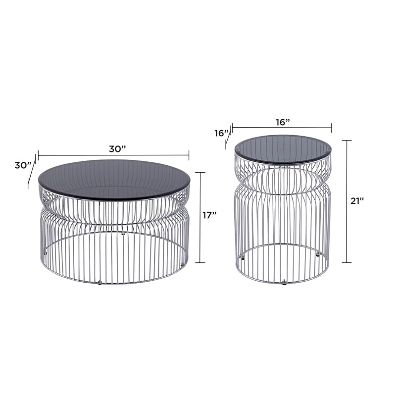 T901 Coffee and End Table Set made with metal and Tempered Glass Top Silver