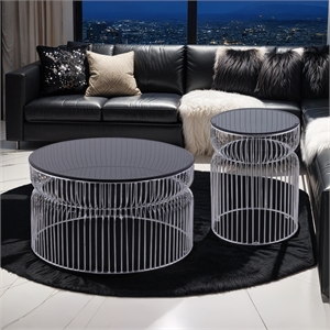 t901 coffee and end table set made with metal and tempered glass top silver