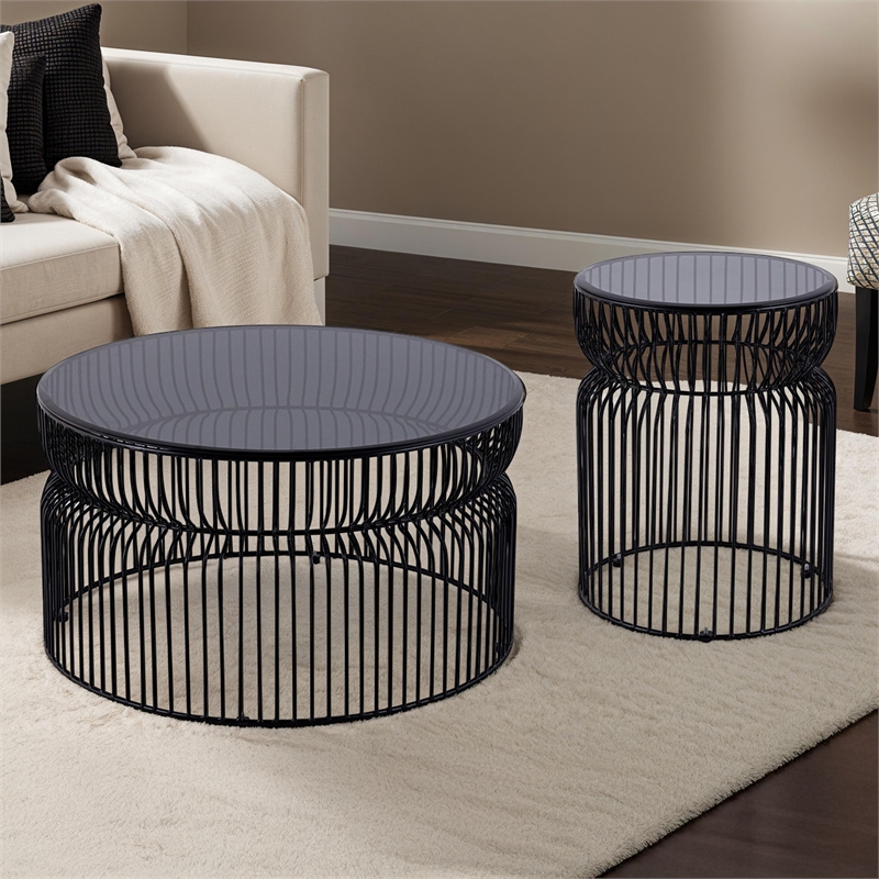 T901 Coffee and End Table Set made with metal and Tempered Glass Top Black