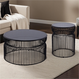 t901 coffee and end table set made with metal and tempered glass top black
