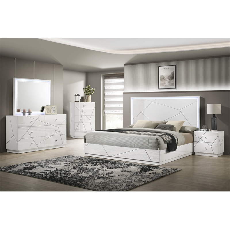 Manhattan King Bed with Lacquer & LED Headboard in White
