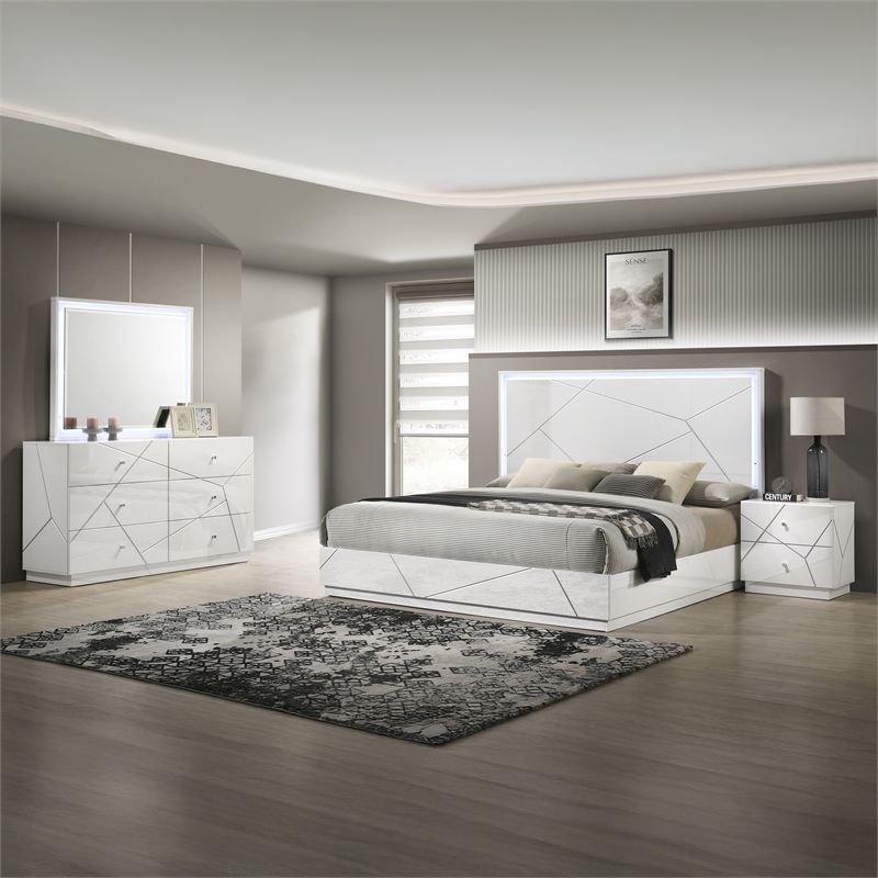 Manhattan King 4-Piece bedroom Set made with wood Lacquer & LED in White