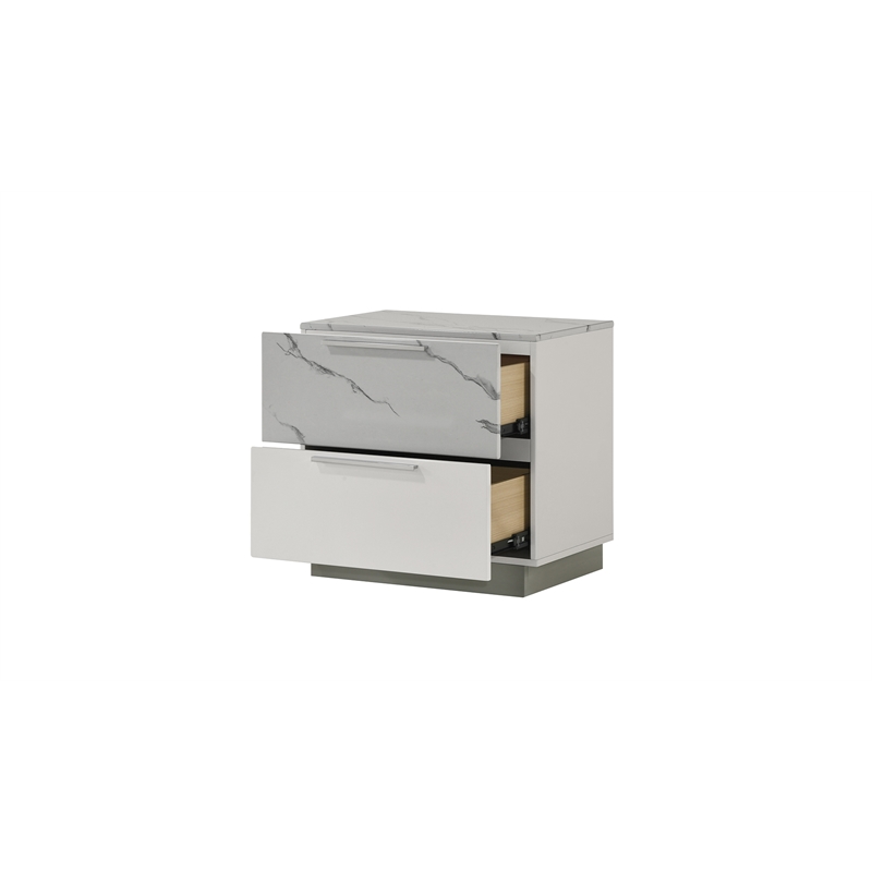 Mist modern style  Nightstand made with Wood Lacquer & Marble Detailing in White